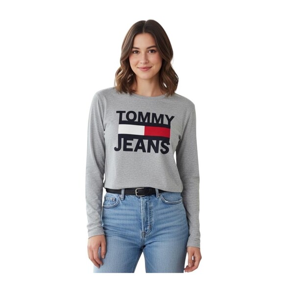Tommy Jeans Shirt Womens XS Gray Long Sleeve Cropped Flag Logo Crewneck Comfort - Picture 1 of 11